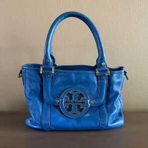 Tory Burch Amanda Satchel in Blue Pebbled Leather